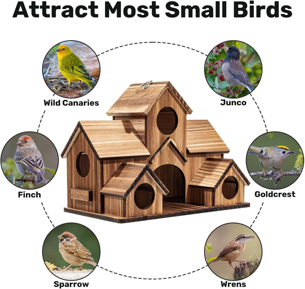 Bird Houses for Outside, 5-Hole Wooden Birdhouse for Bluebirds Finch Swallow Wren Chickadee Hummingbird, Hanging Bird