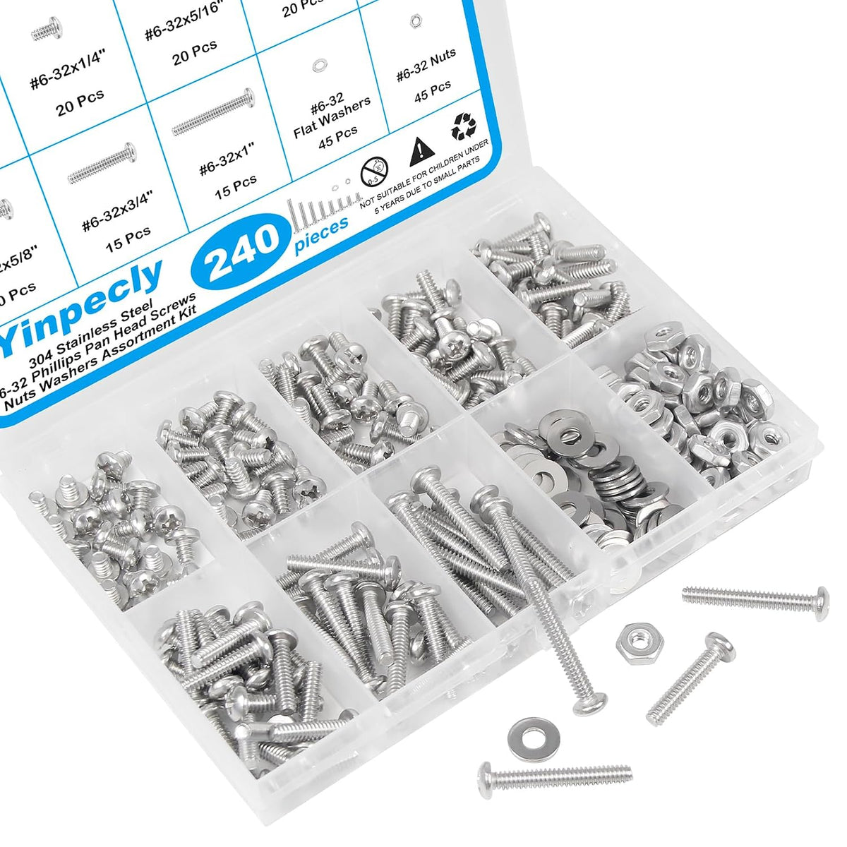240pcs #6-32 Phillips Pan Head Machine Screws Nuts Washers Kit