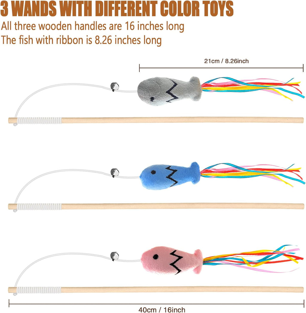 Natural Wood Cat Wand Toy with Ribbon Fish Teaser - 3pcs, 16 Inch, Indoor Cat Exerciser & Playing Kitten Toy, Bonus