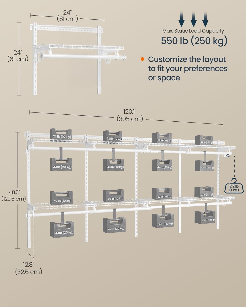Closet System, Closet Insert Organizer, 6-8 ft Closet Shelves