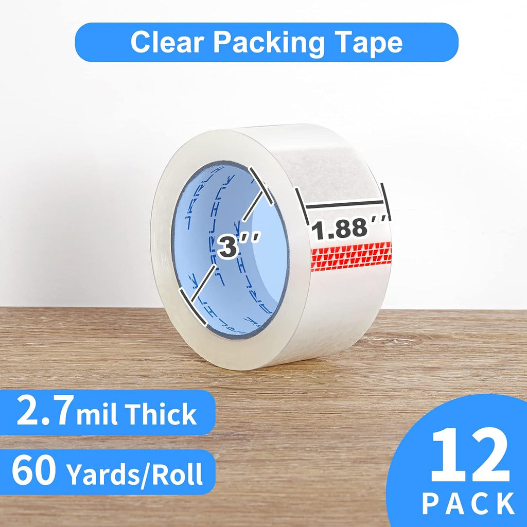 12 Rolls Clear Packing Tape, Heavy Duty Packaging Tape | 2.7mil Thick and 1.88" Wide. 60 Yards per Roll, 720 Total