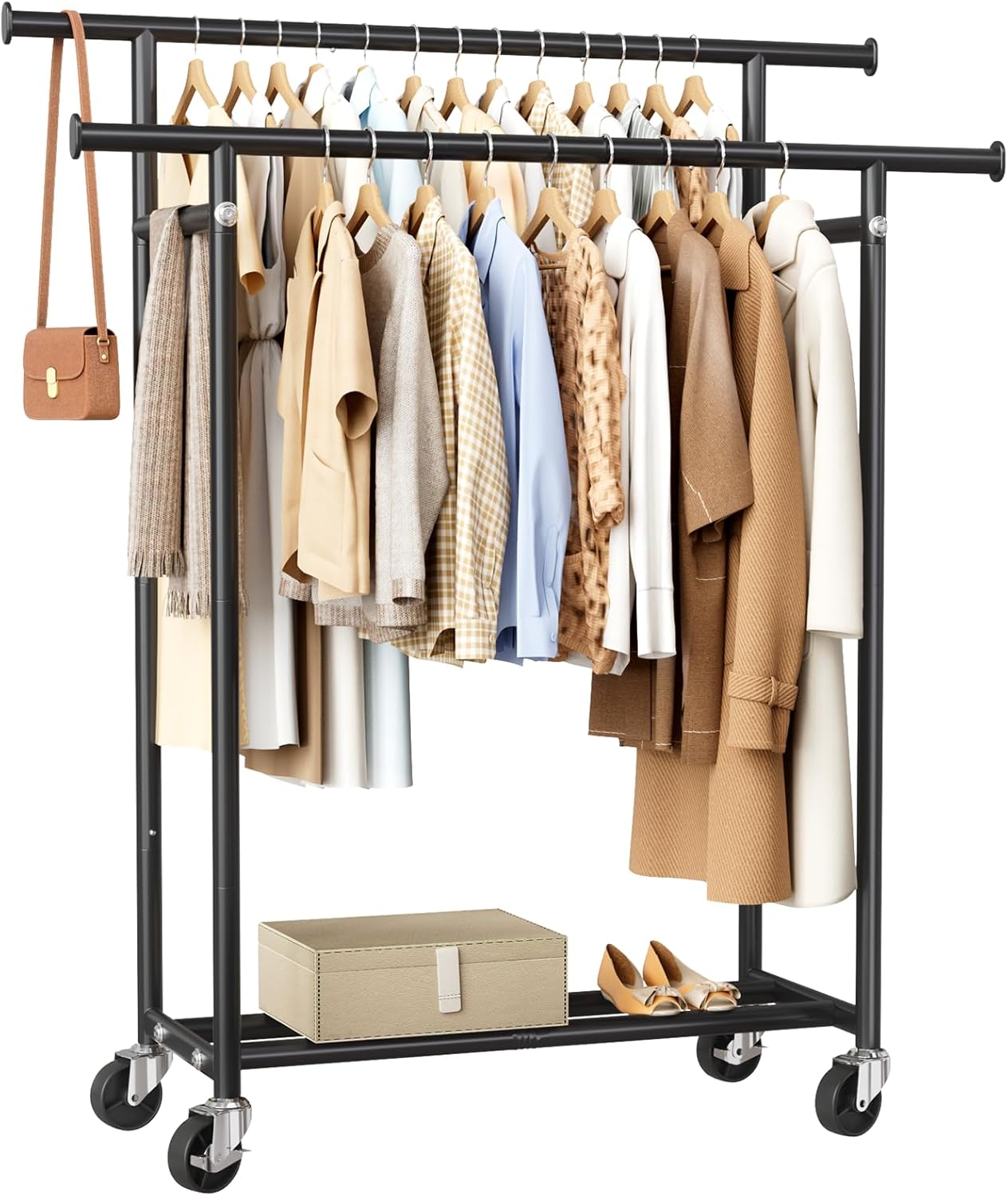 Clothes Rack, Double Rods Rolling Clothing Rack for Hanging Clothes, Portable Garment Rack with Wheels, Coat Rack