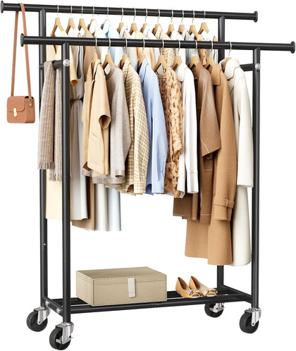 Clothes Rack, Double Rods Rolling Clothing Rack for Hanging Clothes, Portable Garment Rack with Wheels, Coat Rack