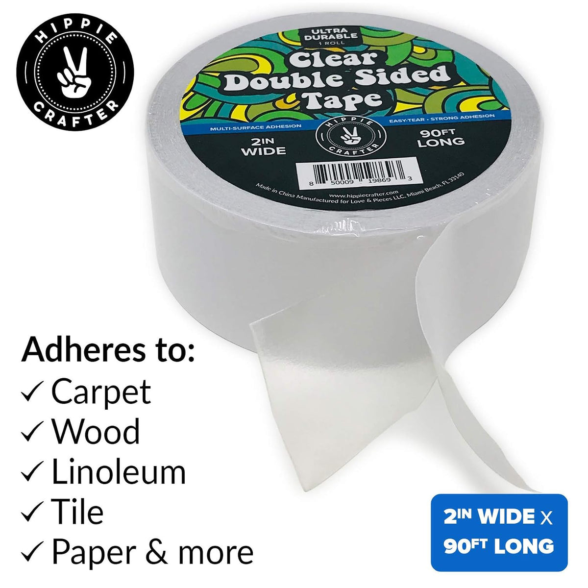 Clear Double Sided Tape, 2 Inch Wide Heavy-Duty Adhesive, Removable Mounting Rug Tape for Posters, Carpets, Wall-Safe