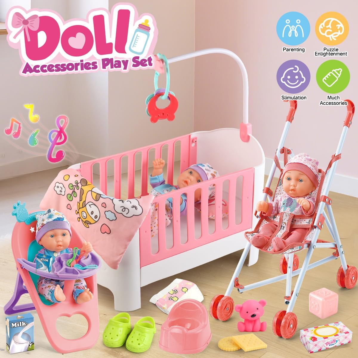 Baby Doll Crib and Stroller Accessories Play Set with 11" Baby Doll,Dining Chair,24 PCS Dolls Accessories and 2 Sets