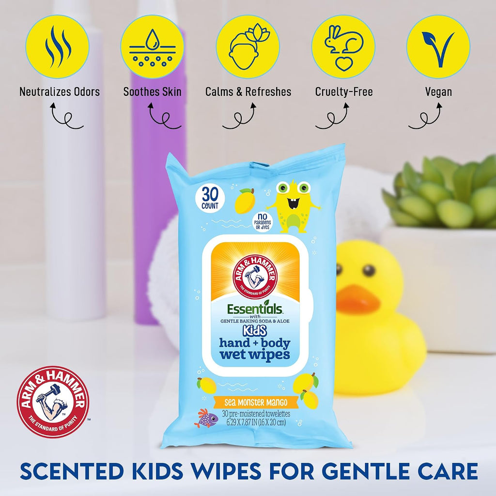 Sea Monster Mango Baby Wipes - 30 Count Travel Friendly Face & Body Wet Wipes - 1 Flip-Top Pack of Towelettes Infused