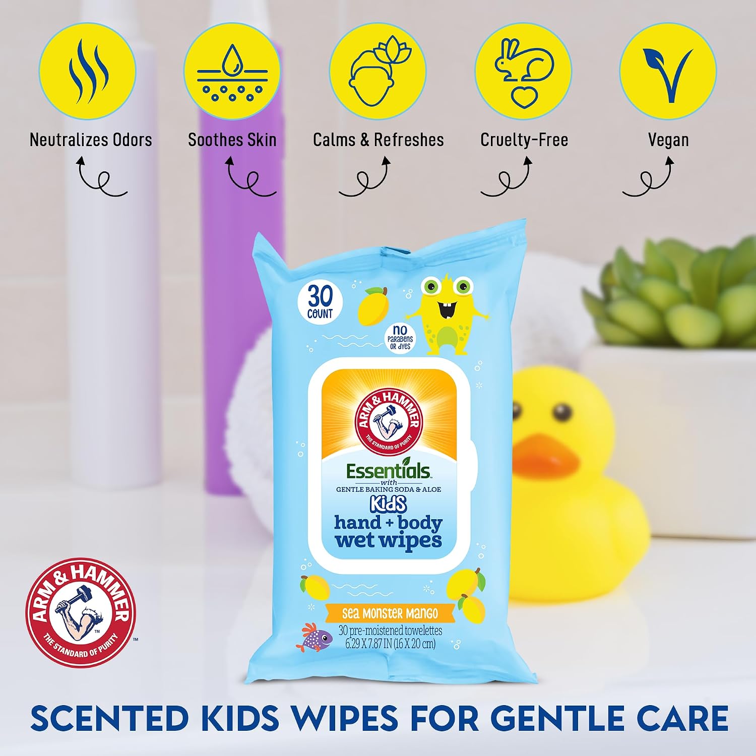 Sea Monster Mango Baby Wipes - 30 Count Travel Friendly Face & Body Wet Wipes - 1 Flip-Top Pack of Towelettes Infused