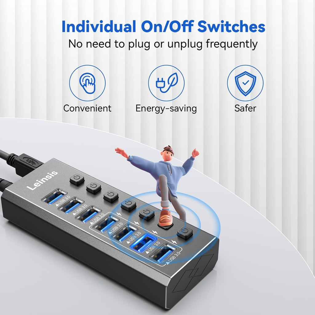 Powered USB Hub 3.0, Leinsis 7-Port USB 3.0 Hub [Durable Aluminum] 7 Data Transfer Ports+ 4 Smart Charging Ports with