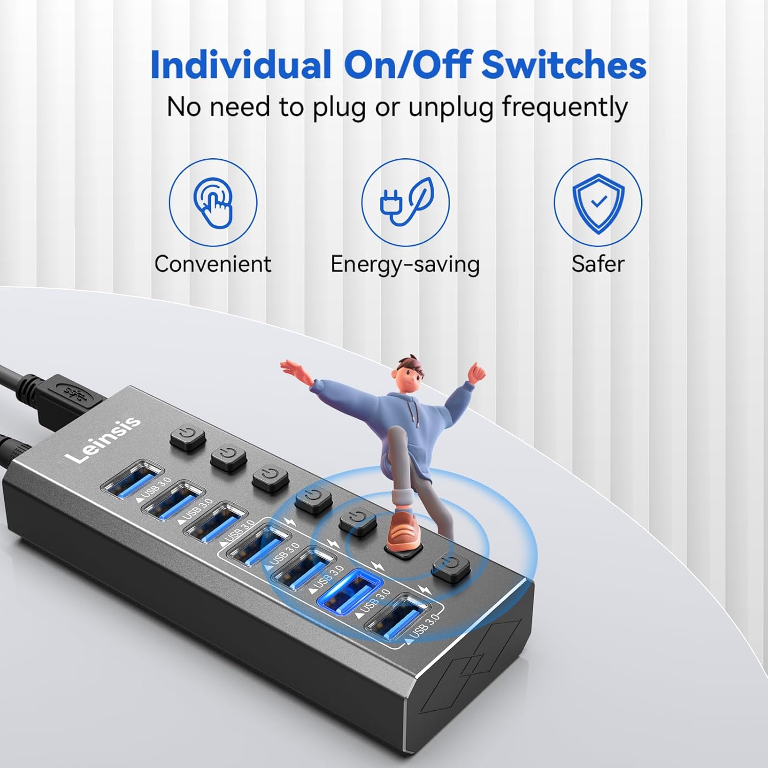 Powered USB Hub 3.0, Leinsis 7-Port USB 3.0 Hub [Durable Aluminum] 7 Data Transfer Ports+ 4 Smart Charging Ports with