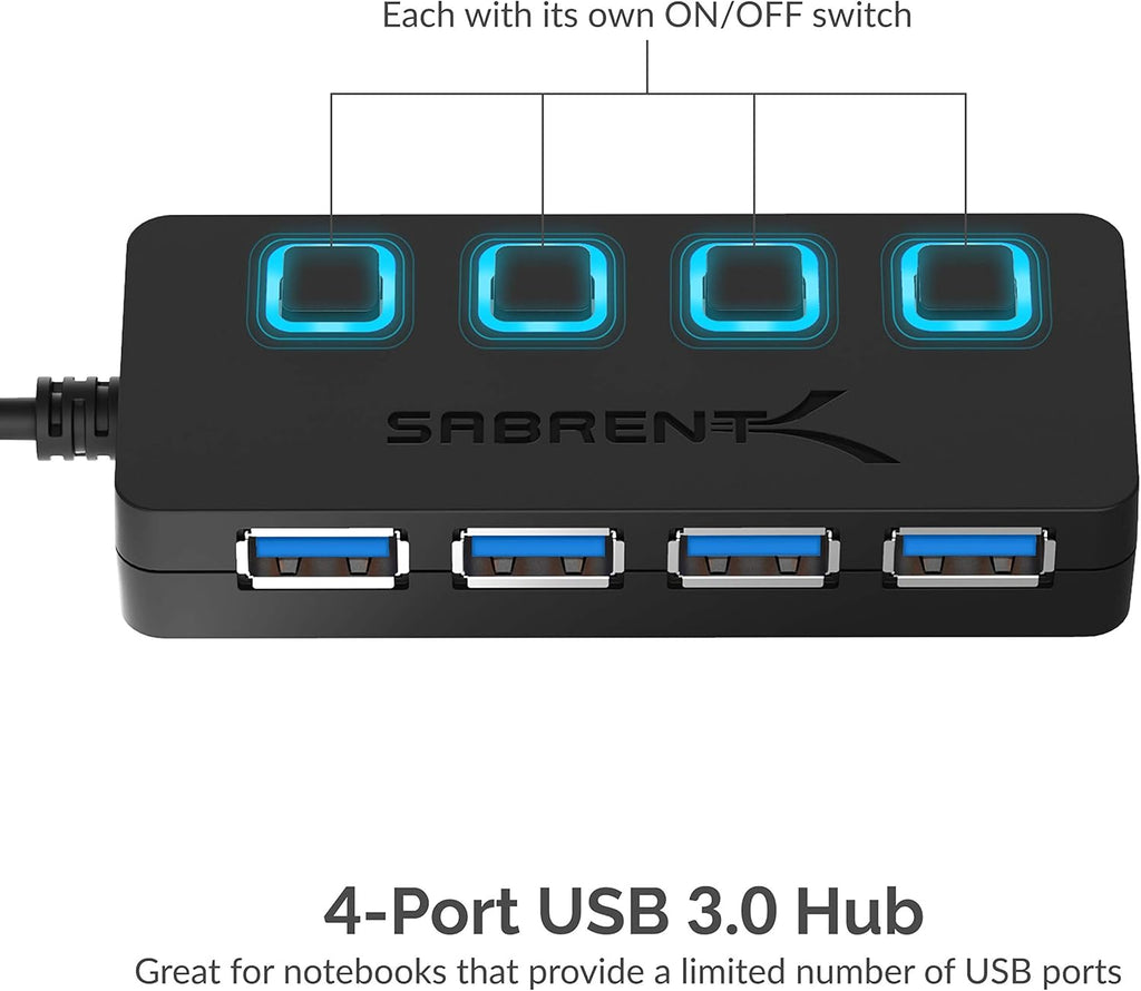4-Port USB 3.0 Hub with Individual LED Power Switches - Slim, Portable Design - 2 Ft Cable - Fast Data Transfer