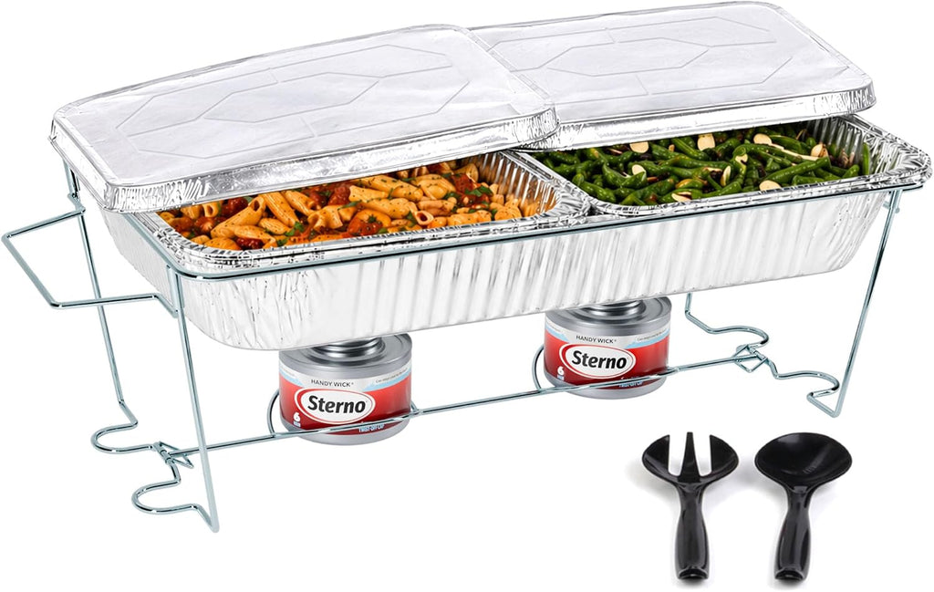 Disposable Chafing Dish Buffet Set With 6-Hour Fuel, 10 Piece | 1 full-size buffet setup with 2 cans of fuel, water