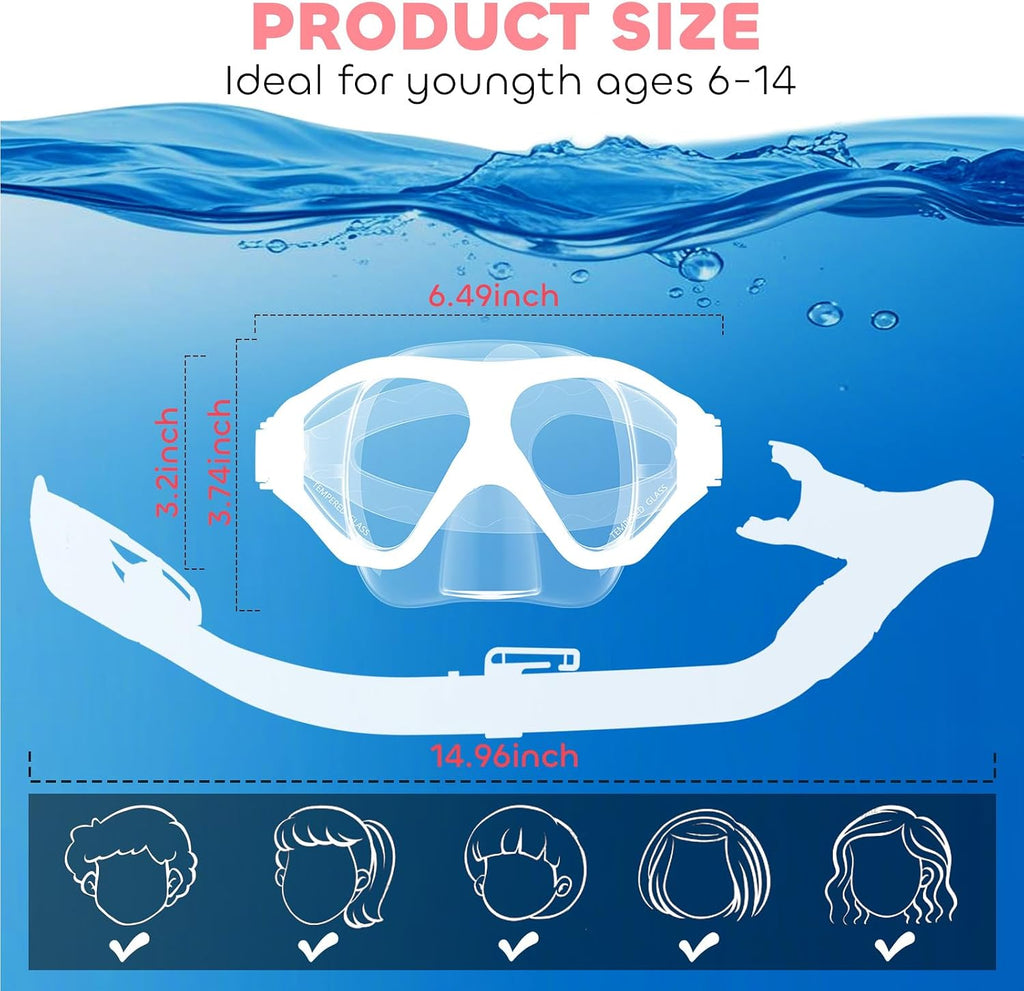 Kids Snorkel Set, Dry Top Snorkeling Gear Kids Swimming Goggles, Anti-Fog Tempered Glass Snorkel Mask with Foldable