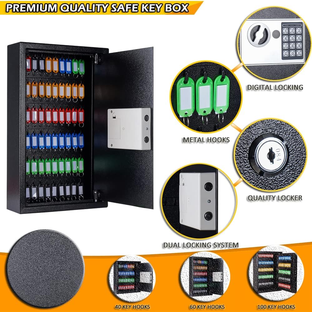60-Key Wall Mount Digital Key Cabinet Lock Box, Electronic Key Safe, Black | Metal Electronic Key Safe Includes 60
