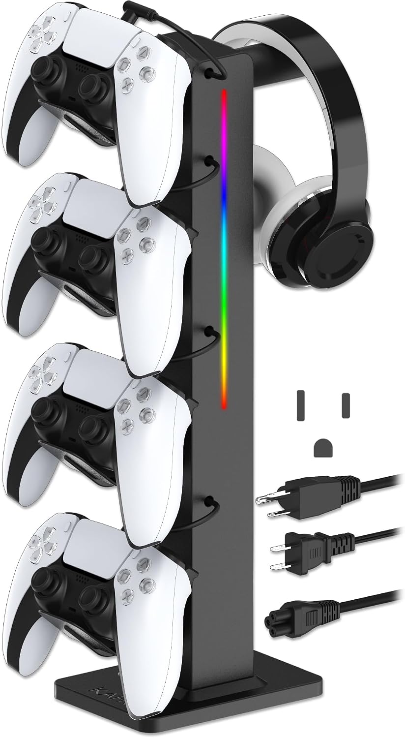 RGB Gaming Headphone Stand with Controller Holder, Desk Organizer with Retractable Charger Cable, 2 AC Outlets & 4