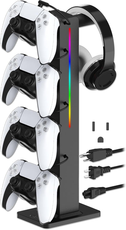 RGB Gaming Headphone Stand with Controller Holder, Desk Organizer with Retractable Charger Cable, 2 AC Outlets & 4