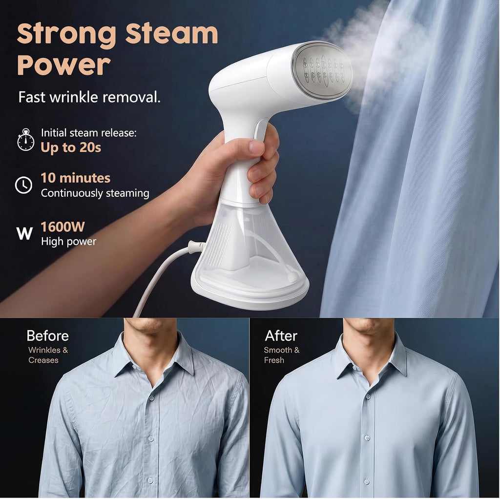 1600W Handheld Garment Steamer, Portable Electric Clothes Steam Iron with 3 Adjustable Steam Settings, Premium