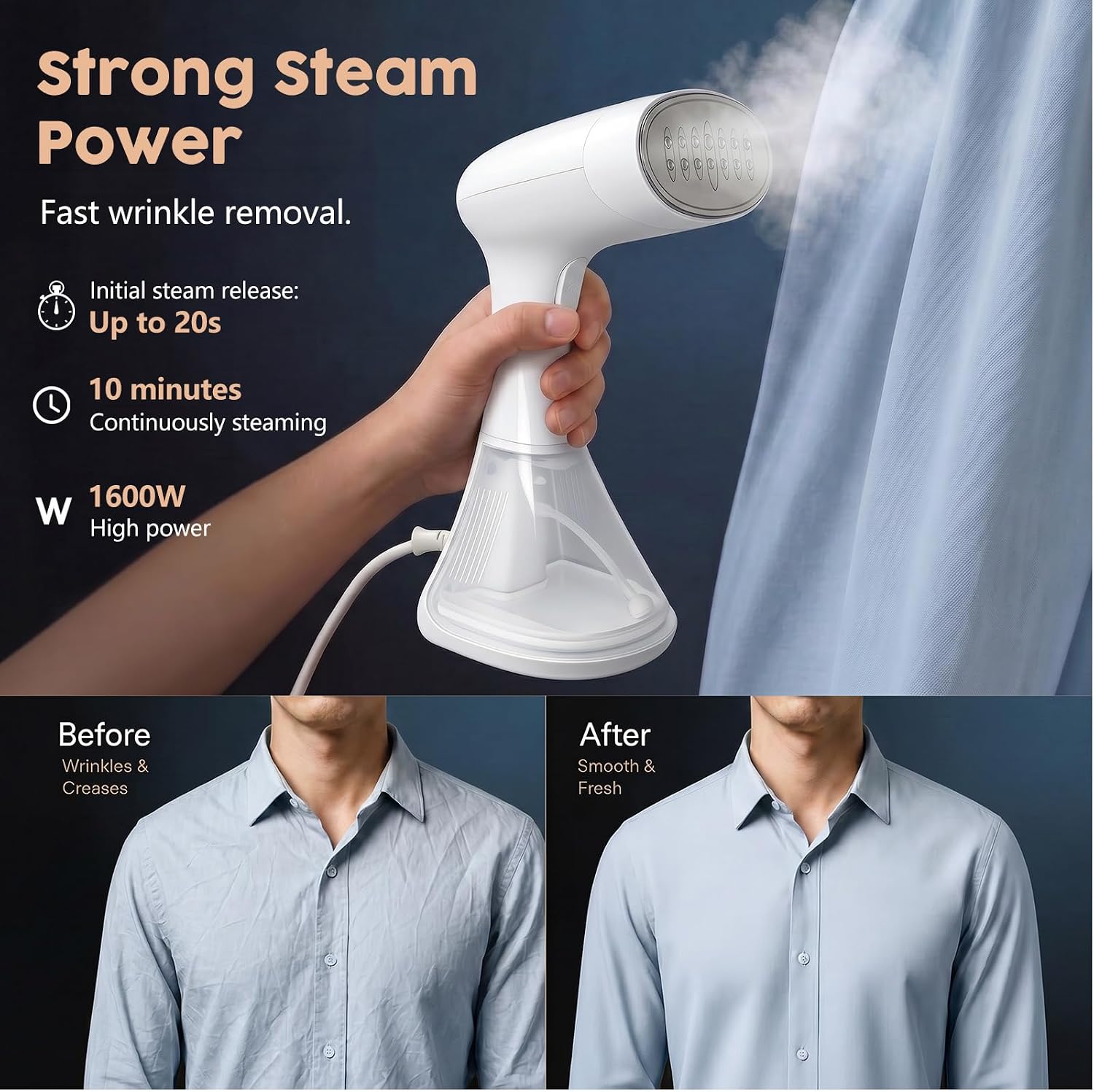 1600W Handheld Garment Steamer, Portable Electric Clothes Steam Iron with 3 Adjustable Steam Settings, Premium