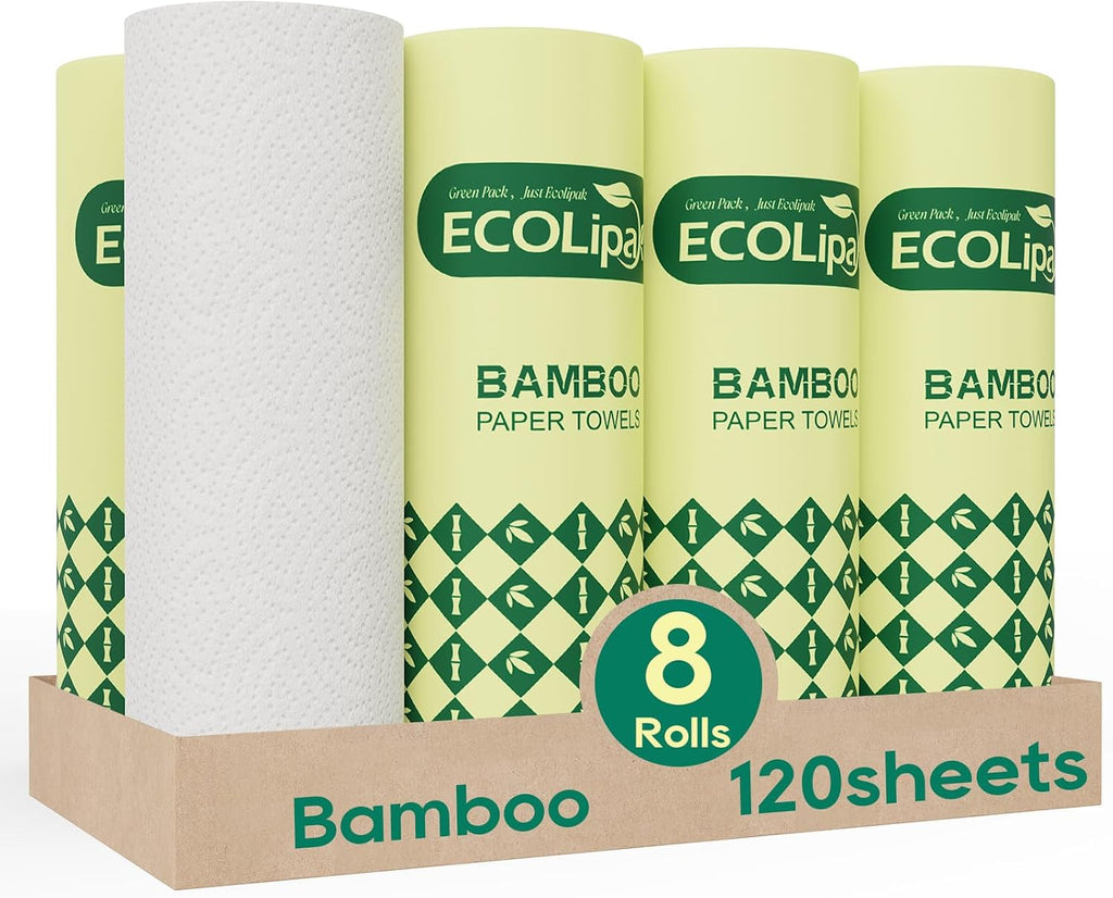 Bamboo Paper Towels, 8 Rolls, 2 Ply 120 Sheets, White