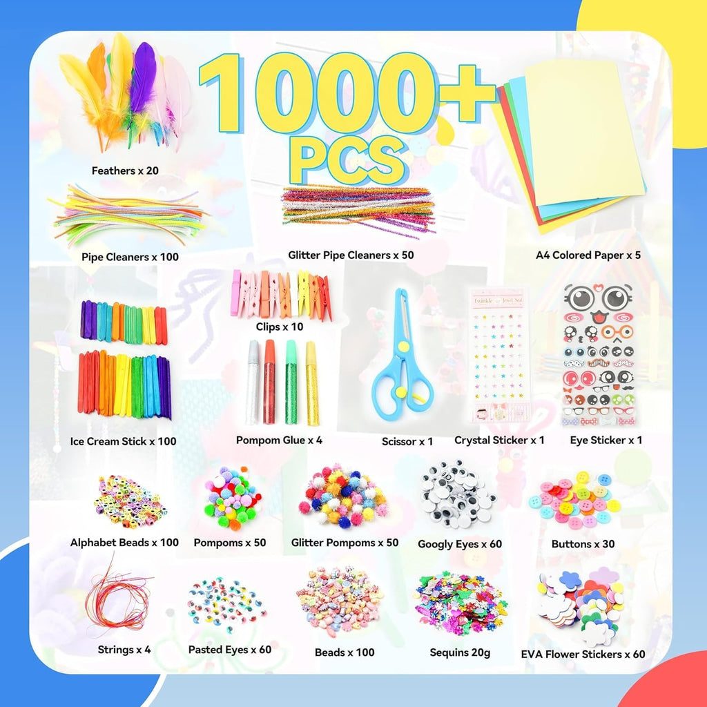 Arts Craft Supplies for Kids - 1000+ PCS Toddler DIY Craft Art Supply Set, Portable 3 Layered Folding Storage Box