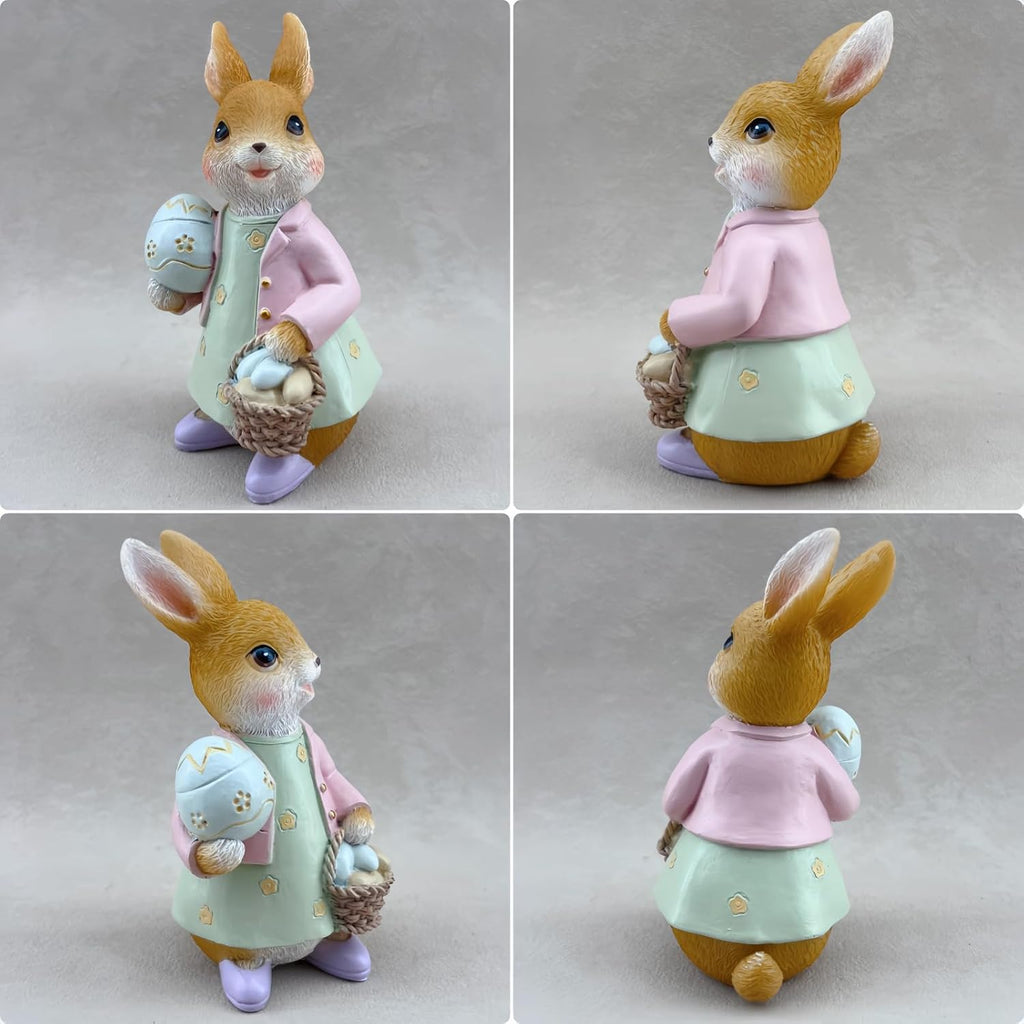 Easter Bunny Statue Egg Basket Rabbit Figurine Tabletop Spring Home Decor | Fine textured fur carving Hand-painted