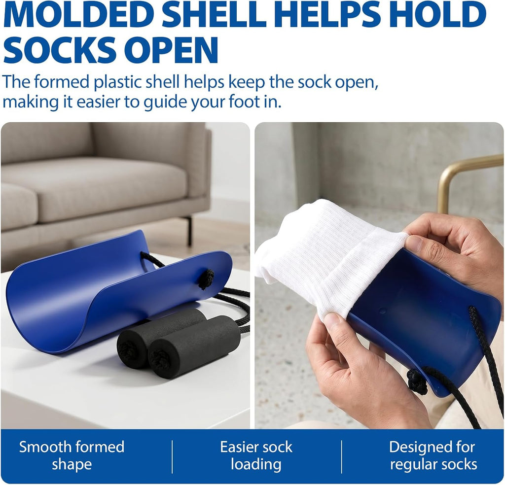 Blue Jay Formed Sock Aid Device with Molded Plastic Shell, 30 Inch Adjustable Cord, Large Foam Handles, Puller Assist