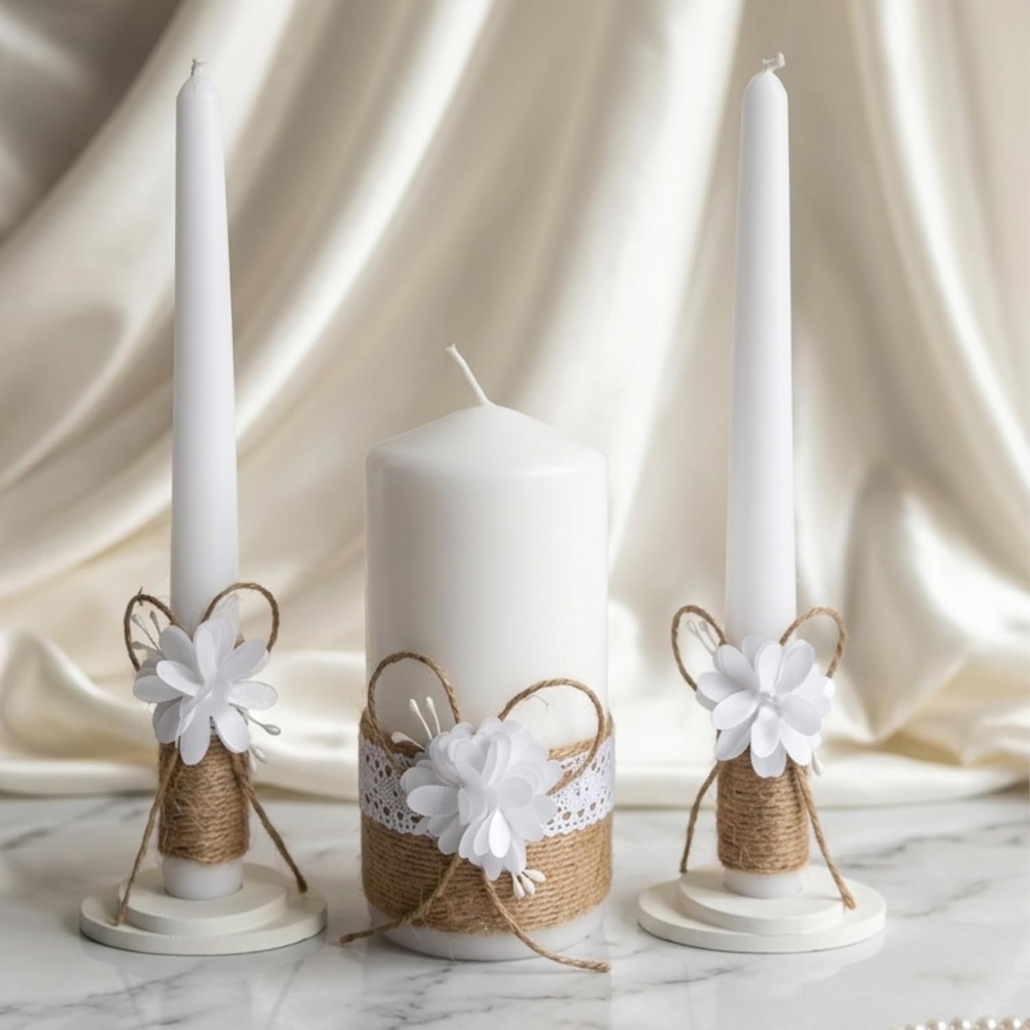 Rustic Blossom Unity Candle Set for Wedding Ceremony & Reception, Rustic Boho Handmade Wedding Candles, White