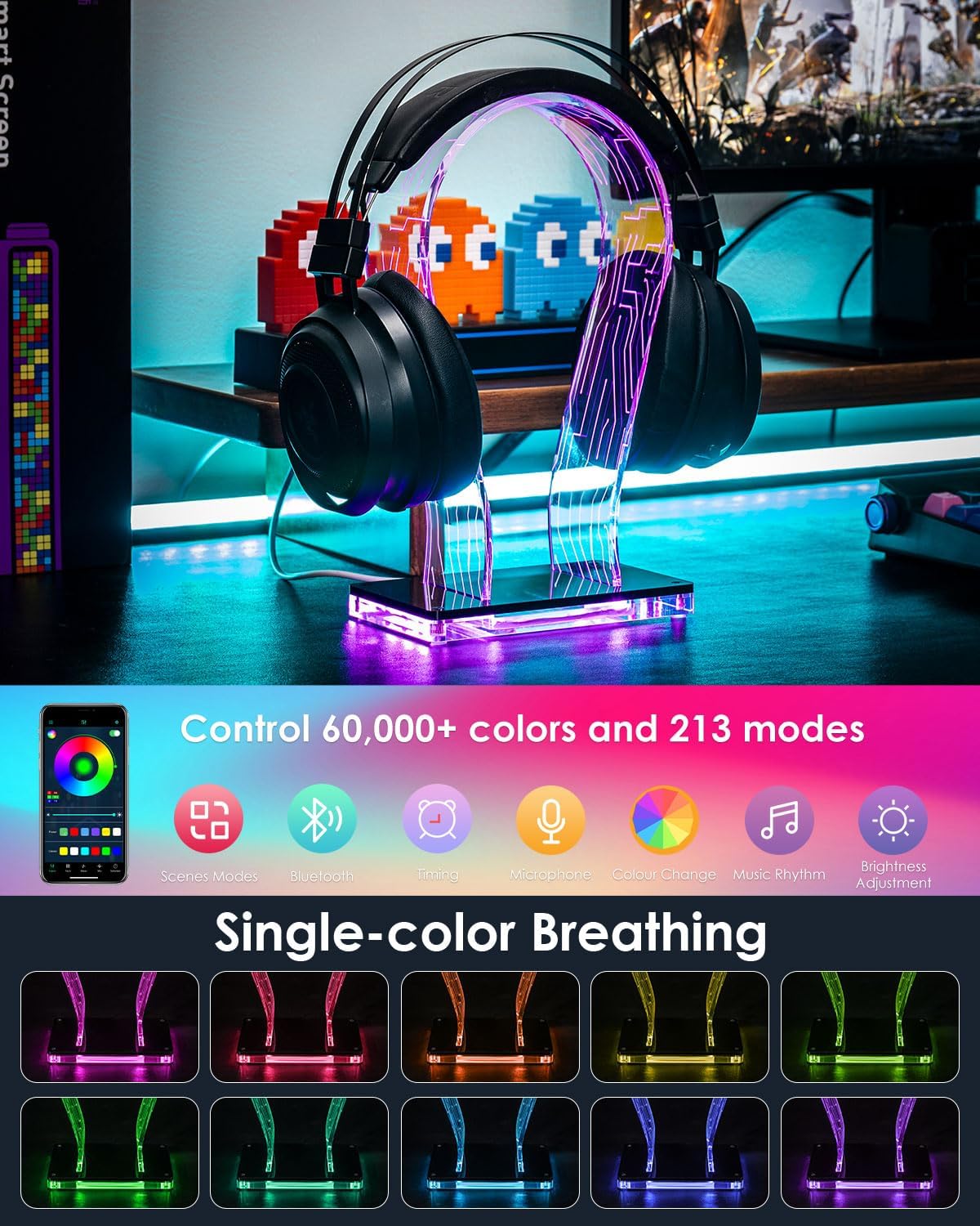LED Gaming Headphone Stand - RGB Headset Holder for Desk with 60,000+ Colors & App Control, Premium Acrylic USB Light