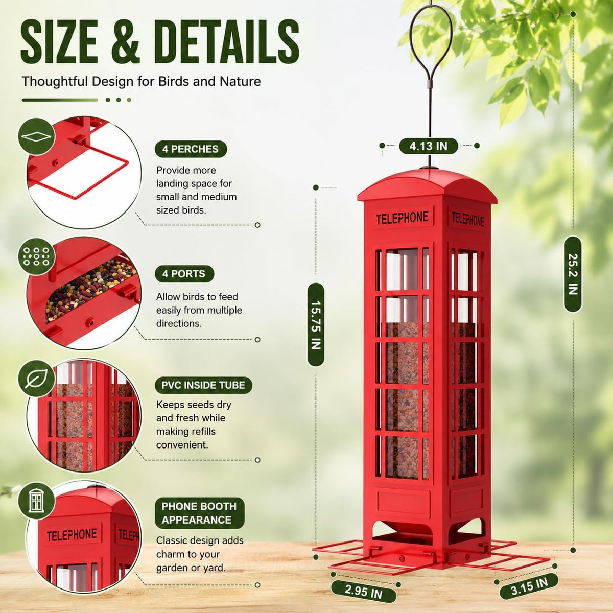 Squirrel Proof Bird Feeder for Outside Hanging, Weight-Activated Metal Bird Feeders, 3.2LB Large Capacity Mesh Tube