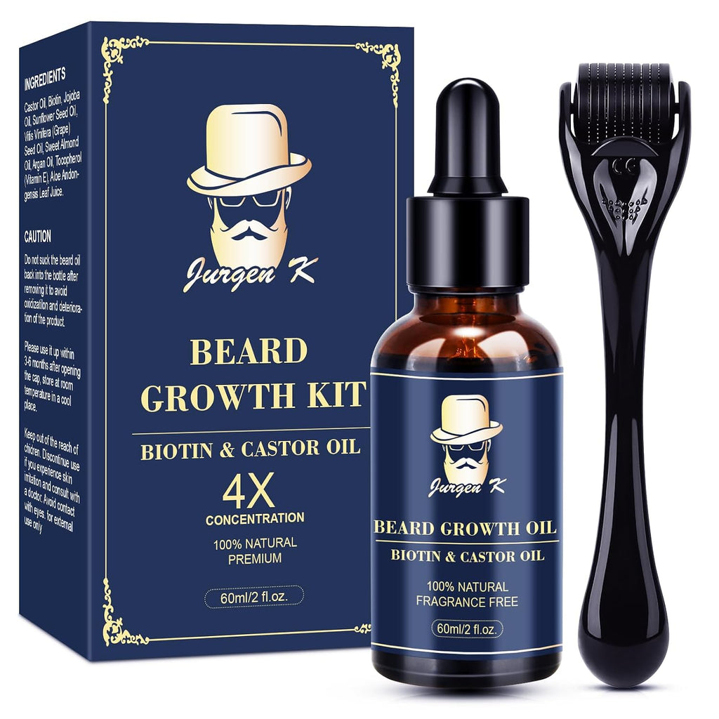 Beard Growth Kit, Beard Growth Oil (2Oz) w/Biotin & Castor Oil, Beard Massager for Patchy/Spot Beard, Beard Kit for