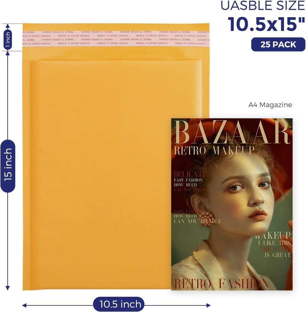 Kraft Bubble Mailer 10.5X16" 25 Pack Padded Envelope Usable 10.5X15"