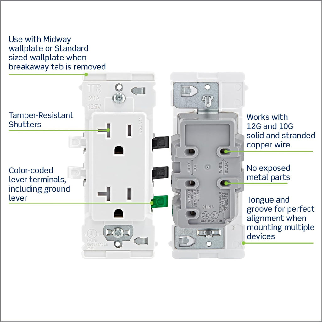 Leviton Lever Edge 20 Amp Tamper-Resistant Duplex Wall Outlet, 10-Pack, E5825-MW, White