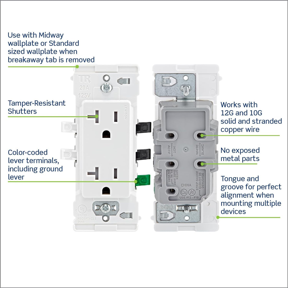 Leviton Lever Edge 20 Amp Tamper-Resistant Duplex Wall Outlet, 10-Pack, E5825-MW, White