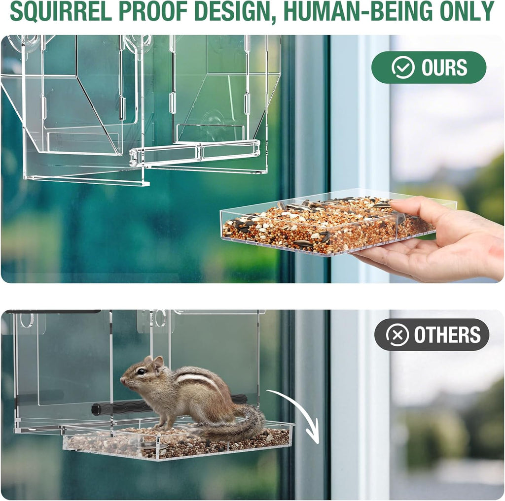 Window Bird Feeder with Dual Side Storage, Strong Suction Cups and Adhesive