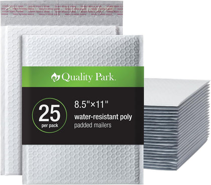 Bubble Mailers, 8.5 x 11 Shipping Envelopes, Water Resistant White Poly Padded Envelopes, Redi-Strip Peel Off