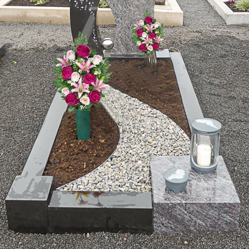 2 Set Artificial Cemetery Flowers for Grave, Silk Sympathy Grave Flowers Bouquet Fake Rose Peony Lily Floral