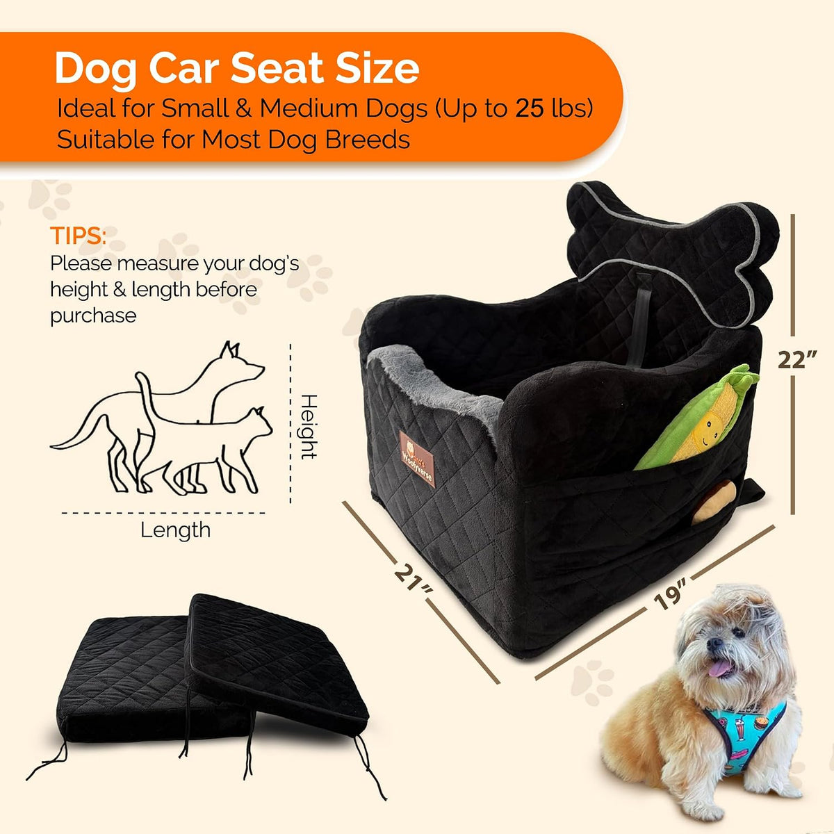 Yara’s Woofyverse Dog Car Booster Seat, Small & Medium Dogs, Midnight Ash
