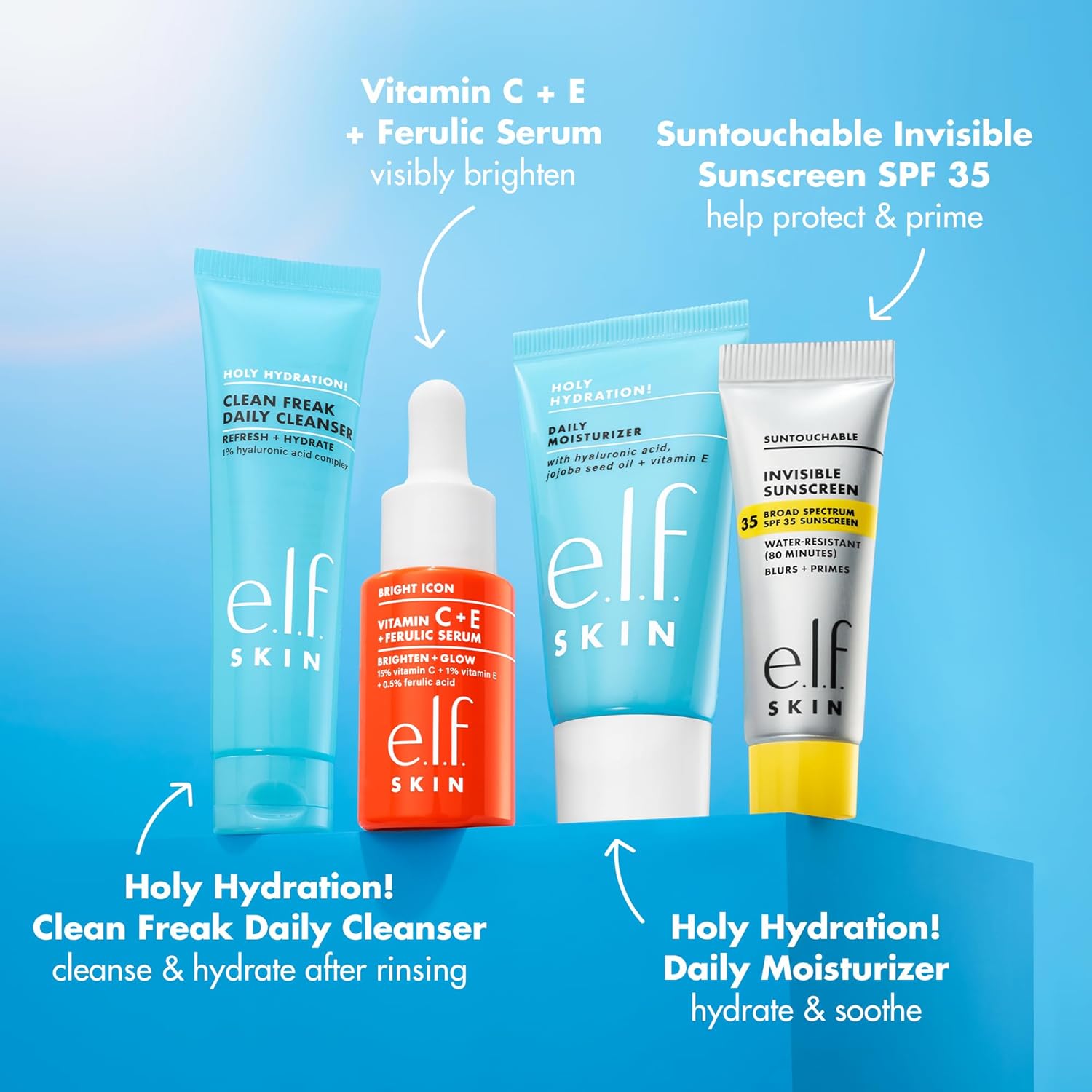SKIN Wake the e.l.f. Up Skincare Kit, Travel-Size Hydrating Face Cleanser, Sunscreen, Moisturizer & Brightening