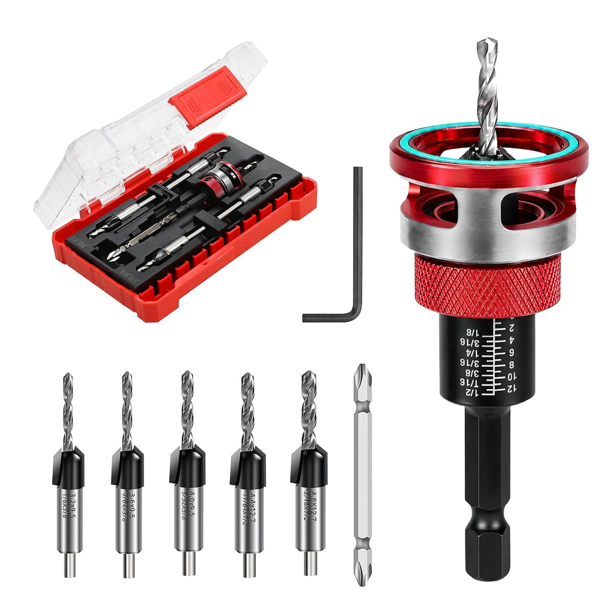 Countersink Drill Bit Set with Depth Stop, 5 PCS TCT Cutters & HSS Bits