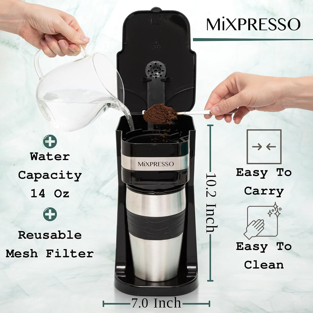 Single Serve & Single Cup Coffee Maker with 14oz Travel Mug Black | For ground coffee only, reusable filter, auto