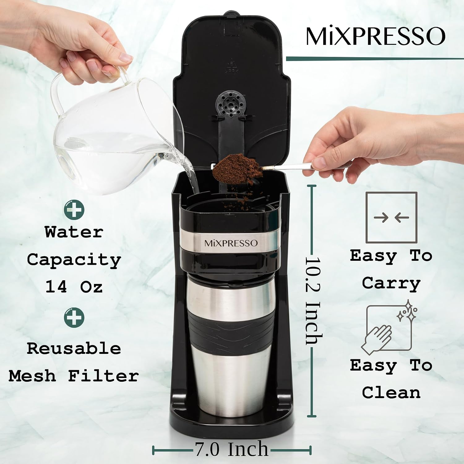 Single Serve & Single Cup Coffee Maker with 14oz Travel Mug Black | For ground coffee only, reusable filter, auto