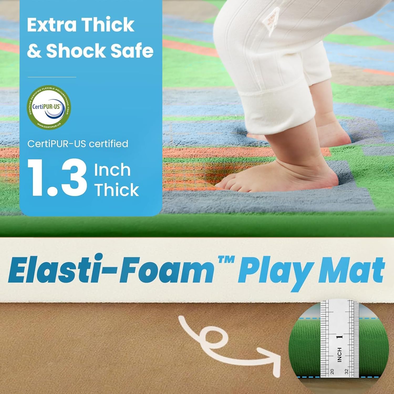 1.3" Thick Educational Baby Floor Play Mat 79x118, Basic Padded Memory Foam Kids Mat, Large Non-Slip Plush Playmat