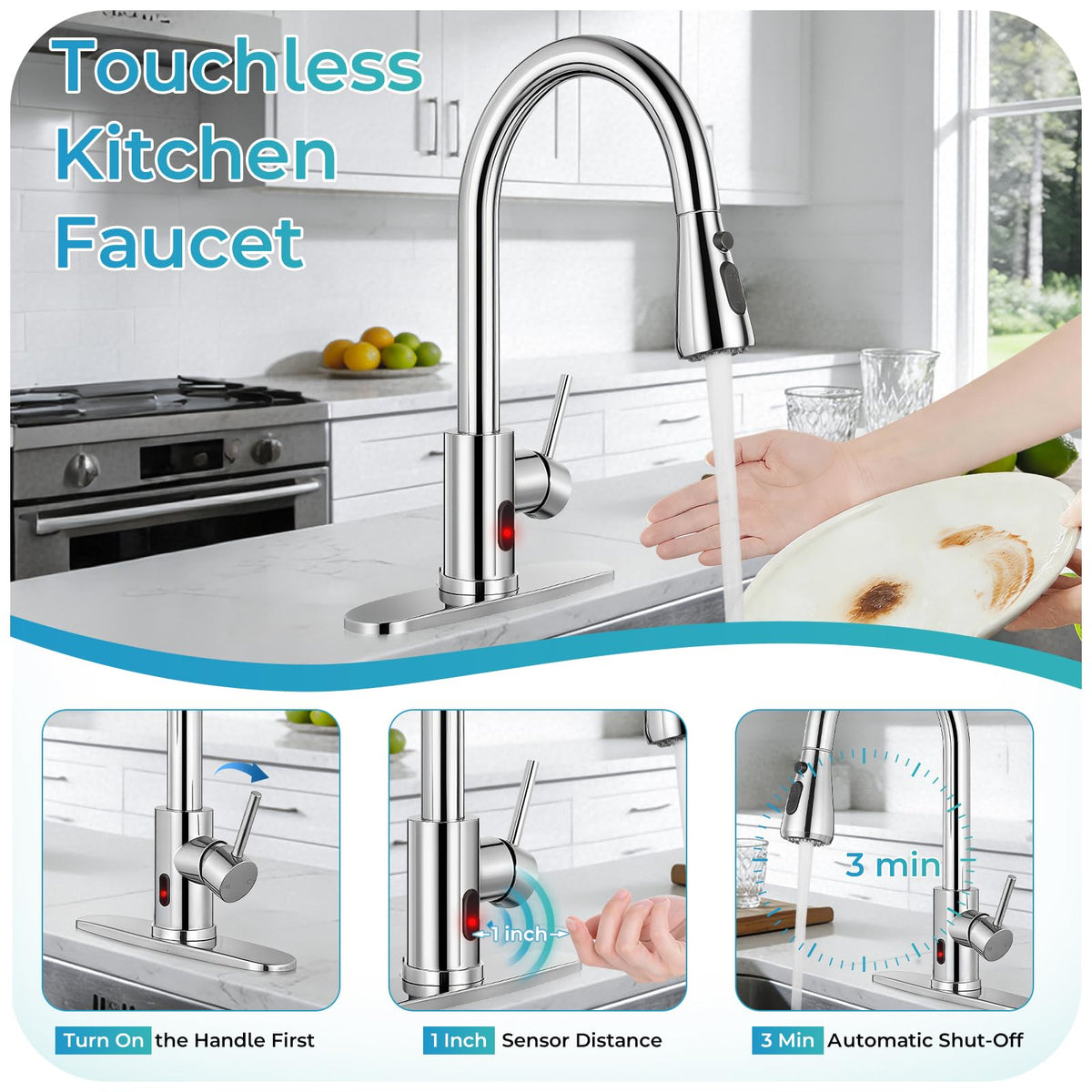 Polished Chrome Touchless Kitchen Faucet with Pull Down Sprayer