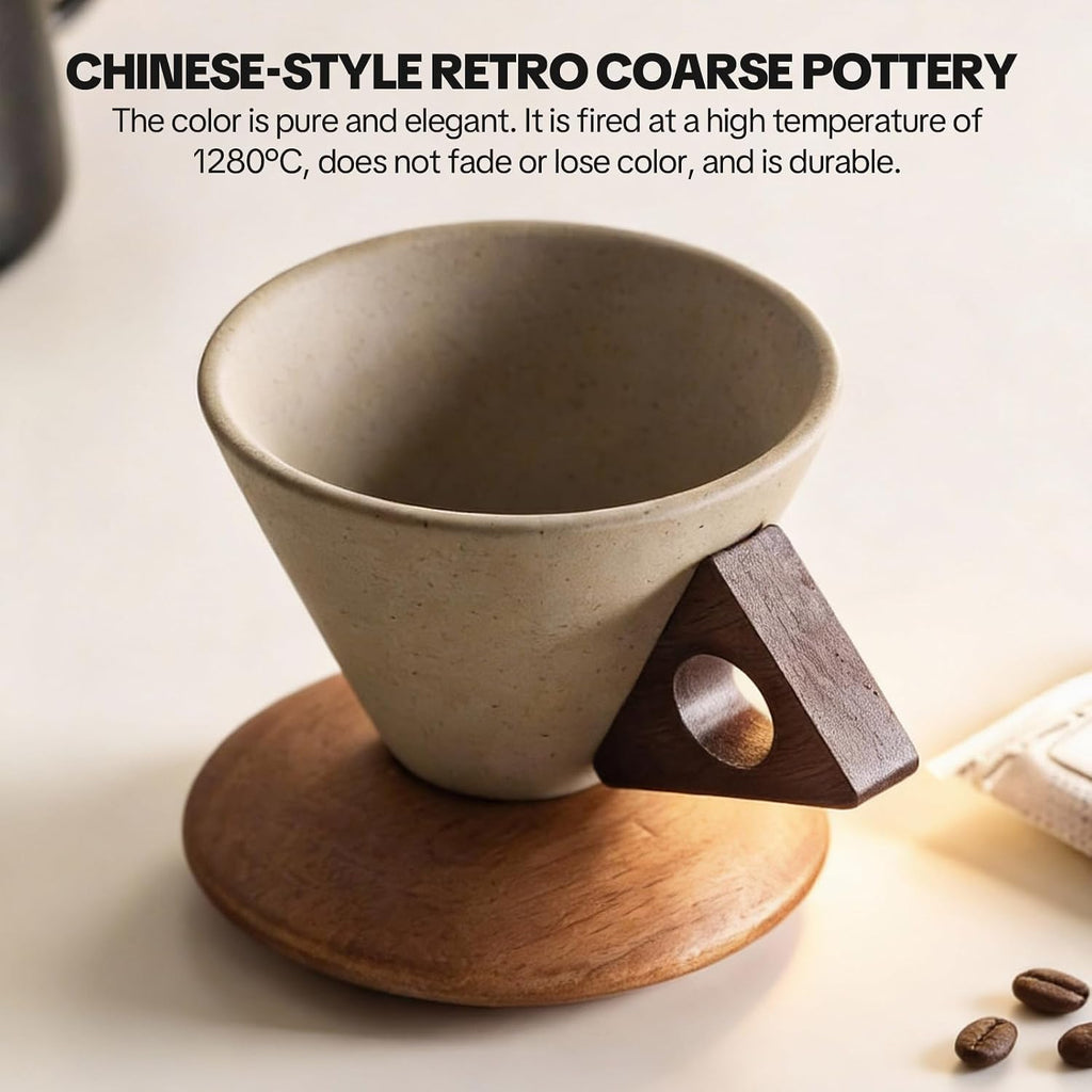 Elegant Conical Coffee Cup, Retro Ceramic Mug with Solid Wood Handle & Coaster, Creative Aesthetic Set for Home