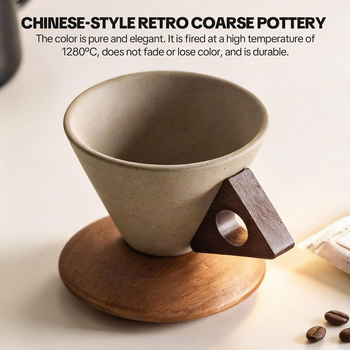 Elegant Conical Coffee Cup, Retro Ceramic Mug with Solid Wood Handle & Coaster, Creative Aesthetic Set for Home
