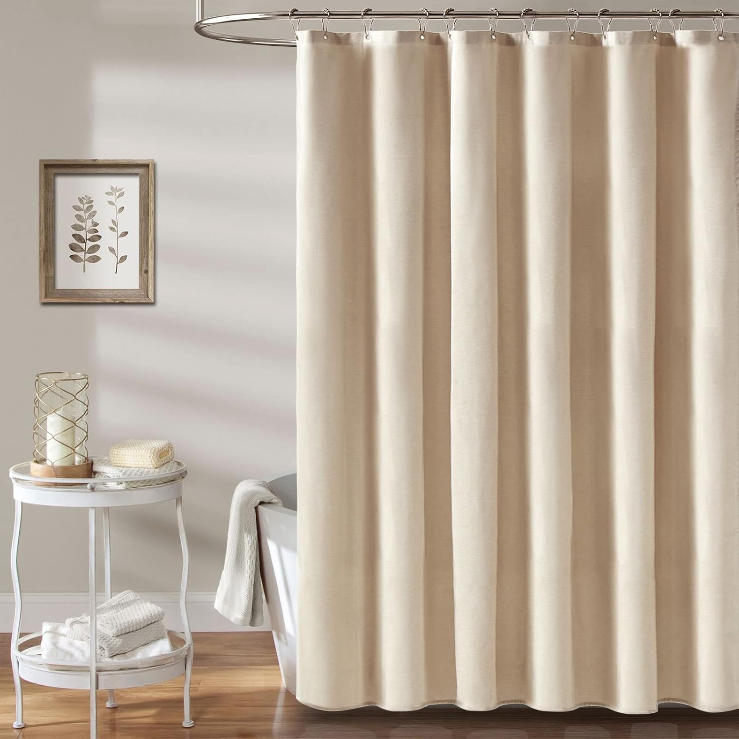 Beige Linen Textured Waterproof Fabric Shower Curtain, 72x72, Cream | 230GSM Polyester, Heavy Duty Cloth, Weighted