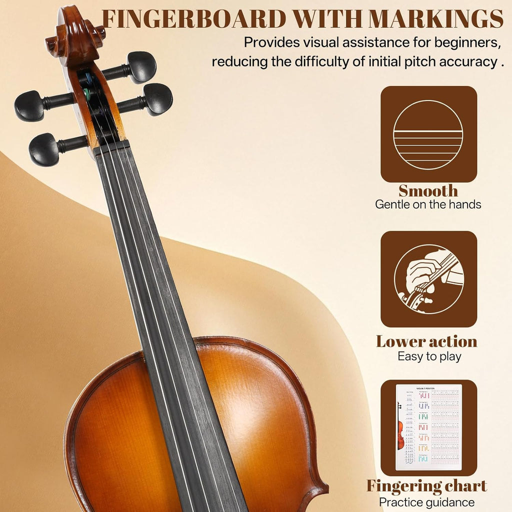 Violin 4/4 Full Size Starter Kit for Students Beginners Adults, Quality Ebony Acoustic Fiddle Set with Hard Case