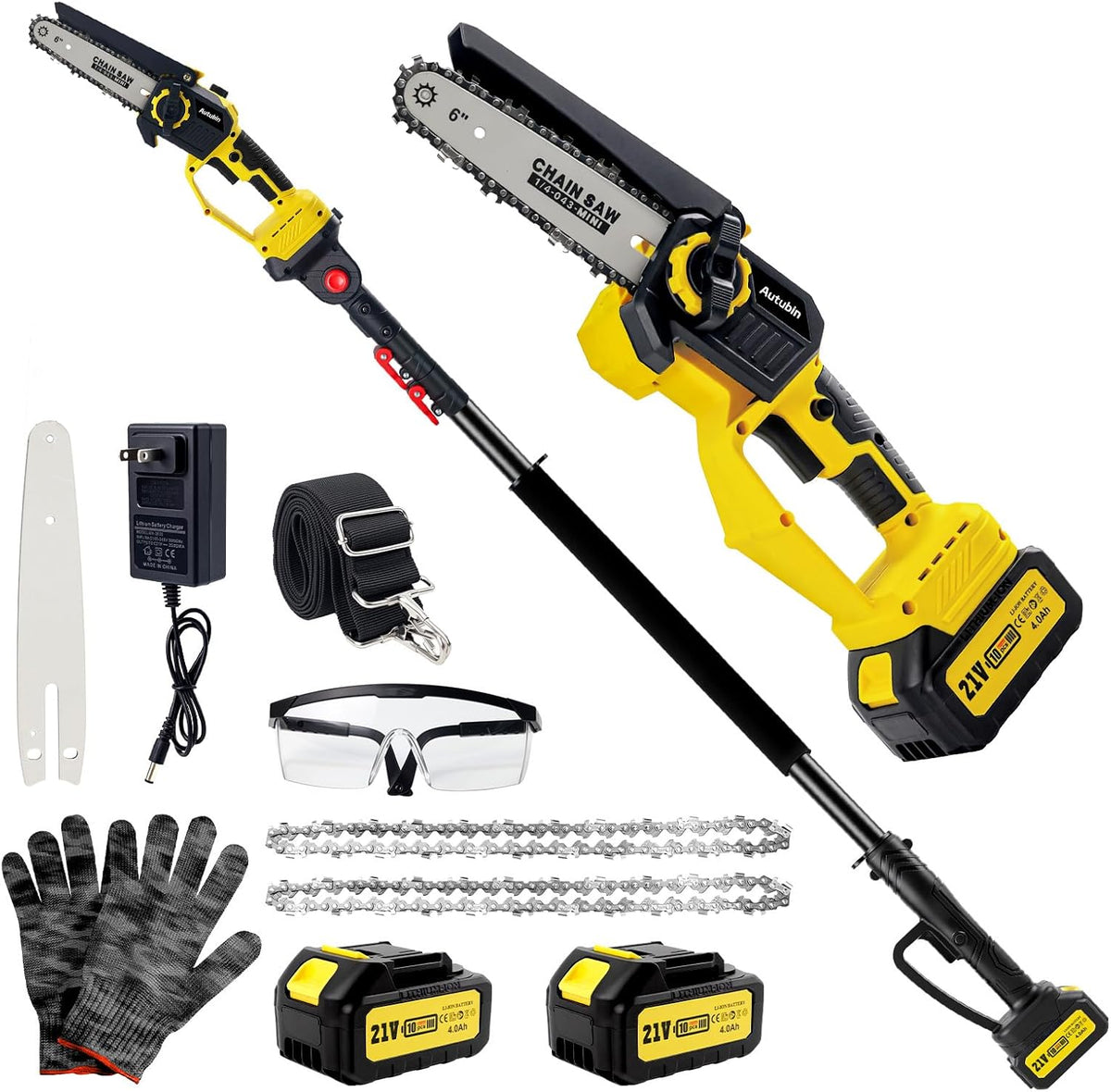 2-in-1 Electric Pole Saw for Tree Trimming,1200W Brushless 6 Inch | Mini Chainsaw with 2 x 4.0Ah 21V