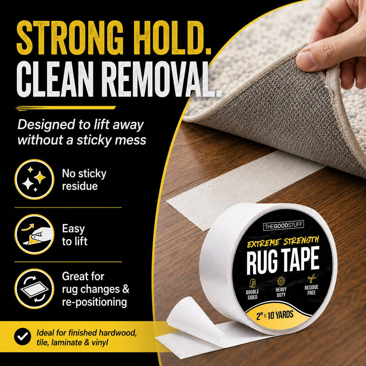 Double Sided Rug Tape [2 Inch x 10 yd] Secure Area Rugs