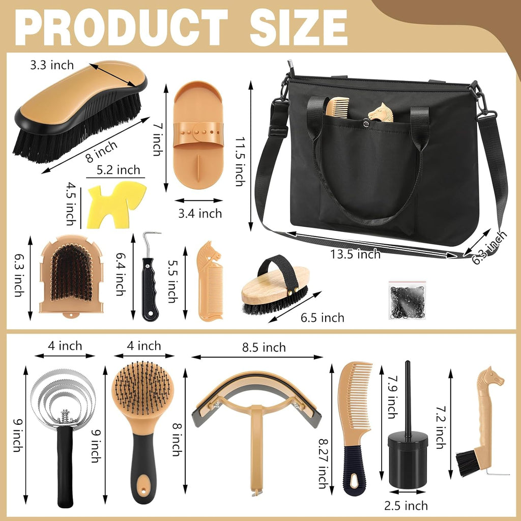 15 Pieces Horse Grooming Kit with Organizer Tote Bag Tack Room Supplies Horse Brush Sets Care Equine Cleaning Kit