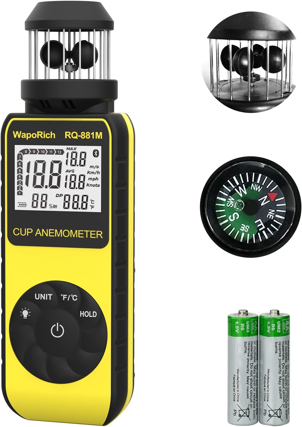 Wind Cup Anemometer 1.5-93MPH, Digital Wind Speed Meter RQ-881M